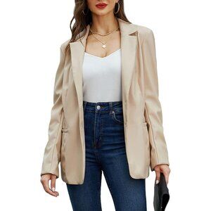 🆕 Women Cream Faux Leather Blazer Jackets Spring Fashion Vegan Button Down Coat